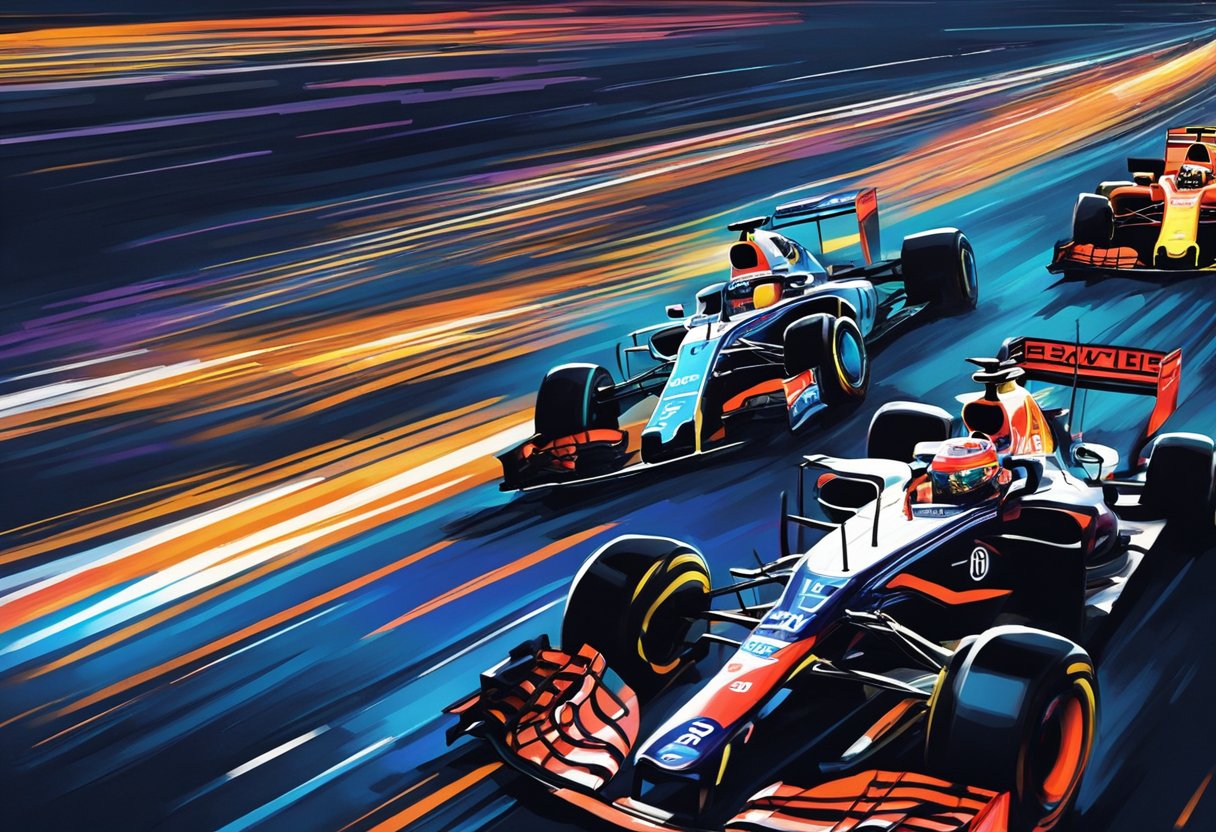 The F1 race in Singapore is a dazzling display of speed and precision under the bright lights of the city. The cars zoom around the circuit, leaving streaks of light in their wake as they compete for victory