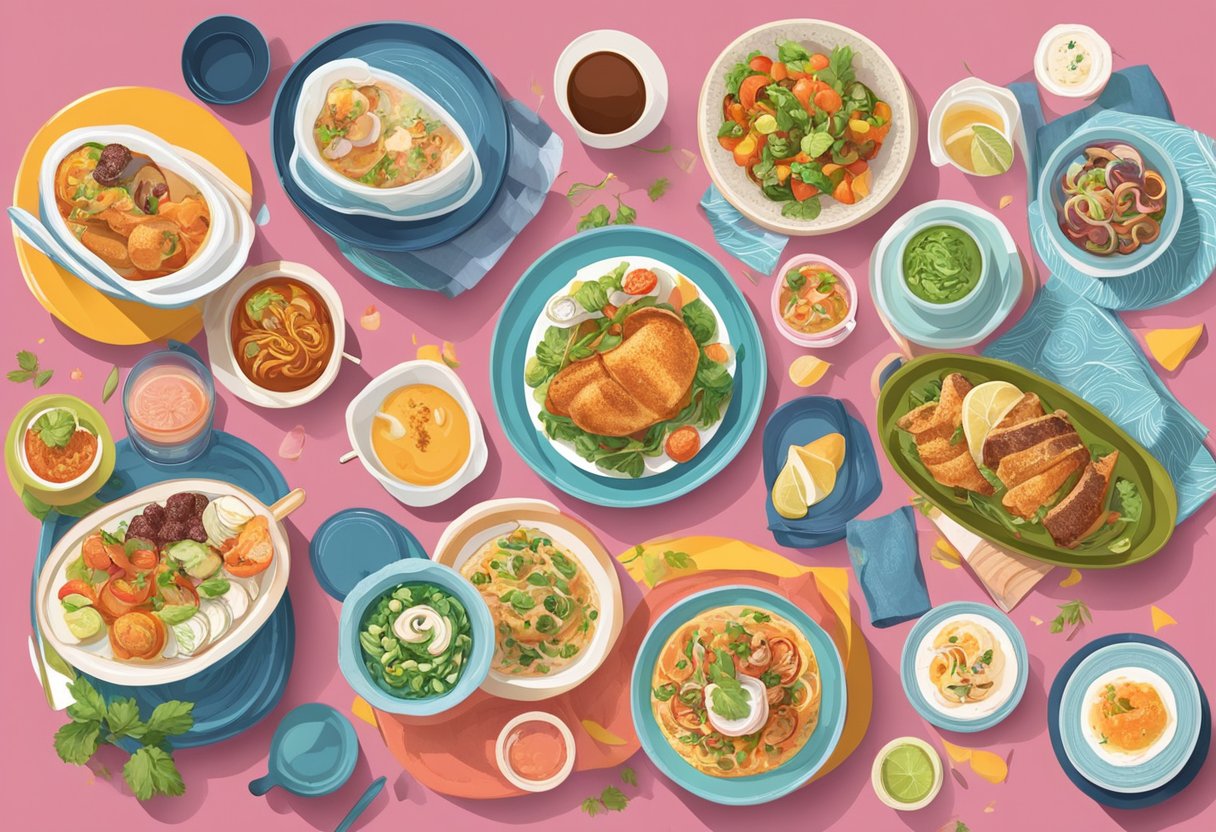 A vibrant menu with colorful illustrations and bold typography, surrounded by plates of diverse dishes