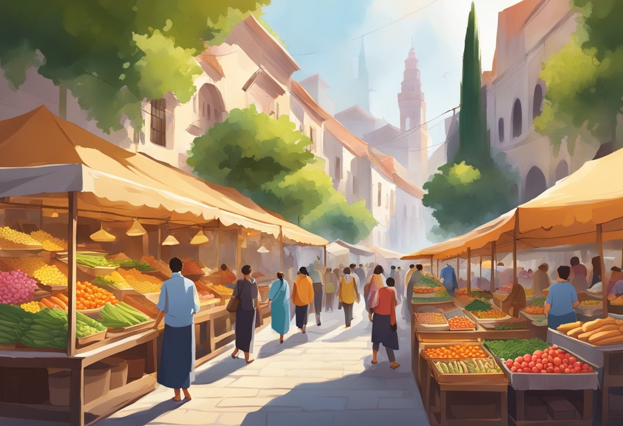 A bustling marketplace with colorful stalls selling fresh produce, handmade crafts, and local delicacies. The aroma of sizzling street food fills the air as people wander through the vibrant scene