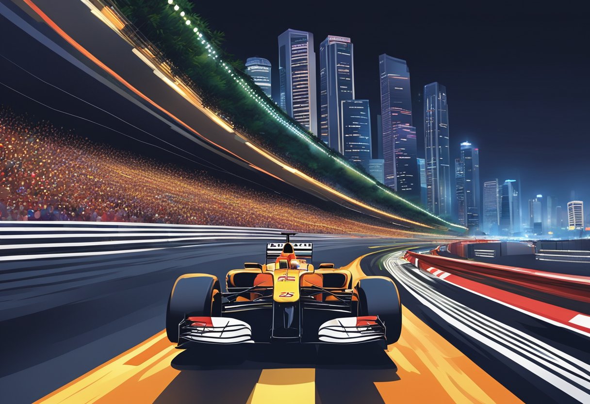 Cars racing under the bright lights of Singapore's F1 track at night. Spectators line the grandstands, as the city skyline glimmers in the background