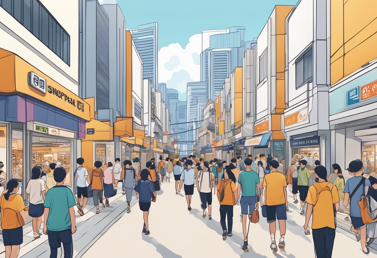 A bustling Singapore street with Onitsuka Tiger outlet signage, surrounded by vibrant storefronts and a crowd of shoppers