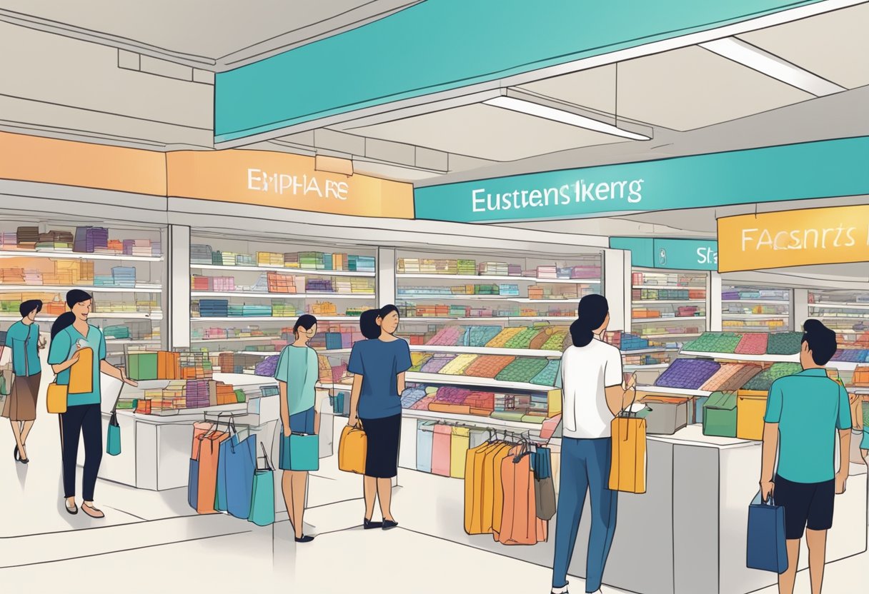 A bustling department store in Singapore, with customers browsing and staff assisting. Signage and displays highlight "Frequently Asked Questions" for easy customer access