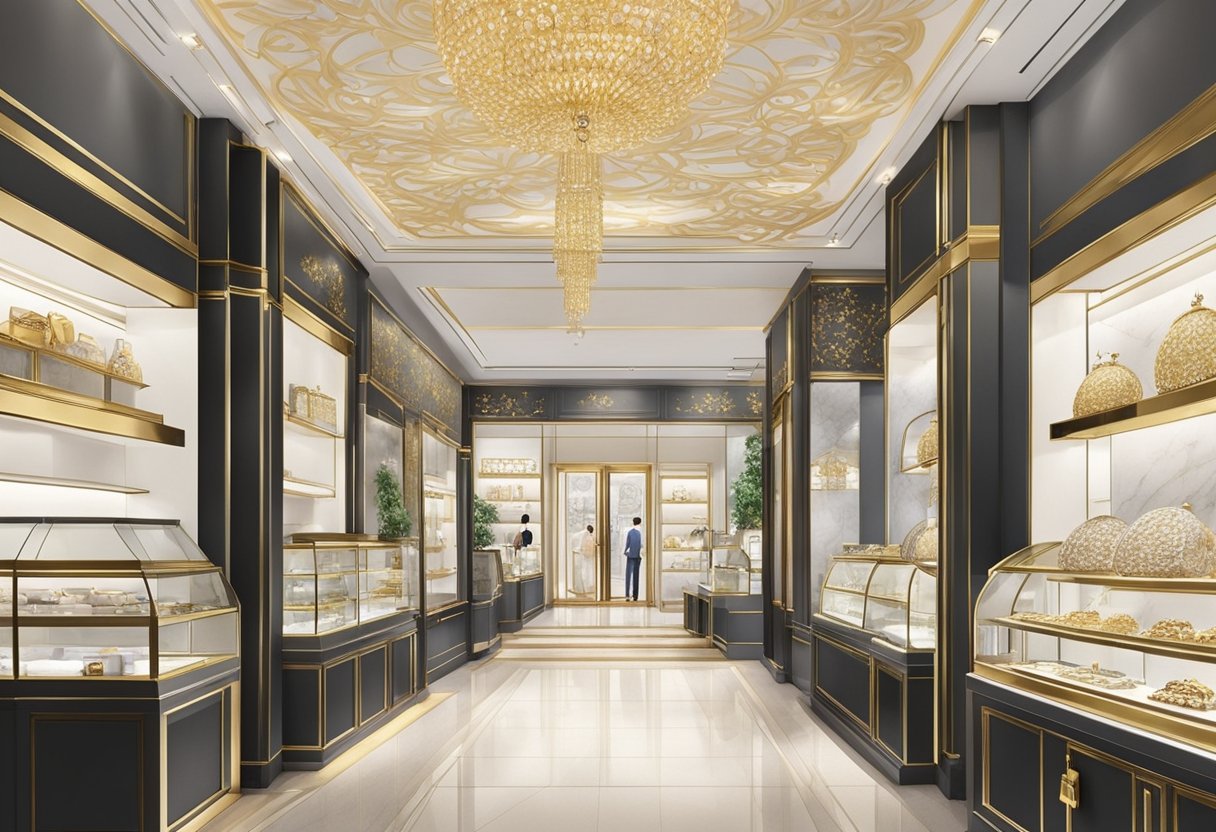 A bustling jewelry store in Singapore with elegant displays and a mix of traditional and modern designs. The storefront is adorned with intricate gold and silver pieces, drawing in passersby with its luxurious allure