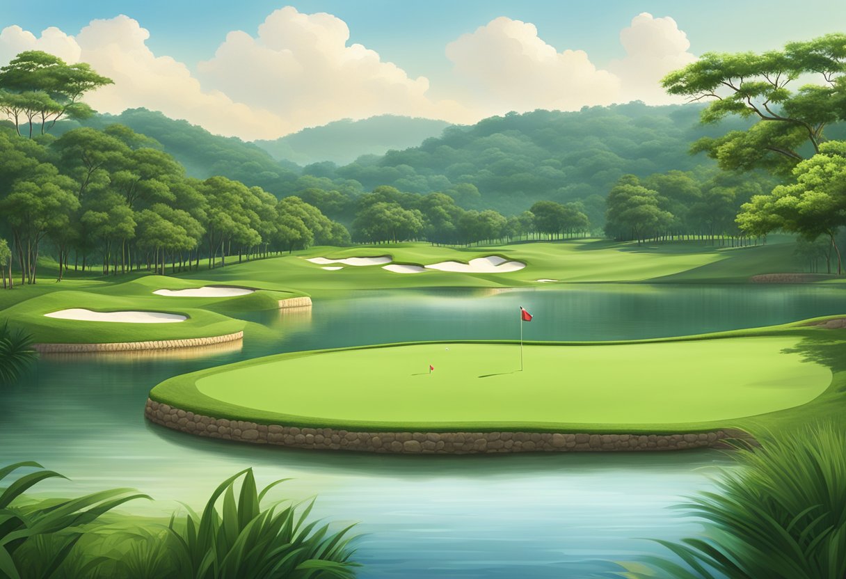 A lush green golf course surrounded by rolling hills and a serene lake at the Singapore Island Country Club's Bukit location