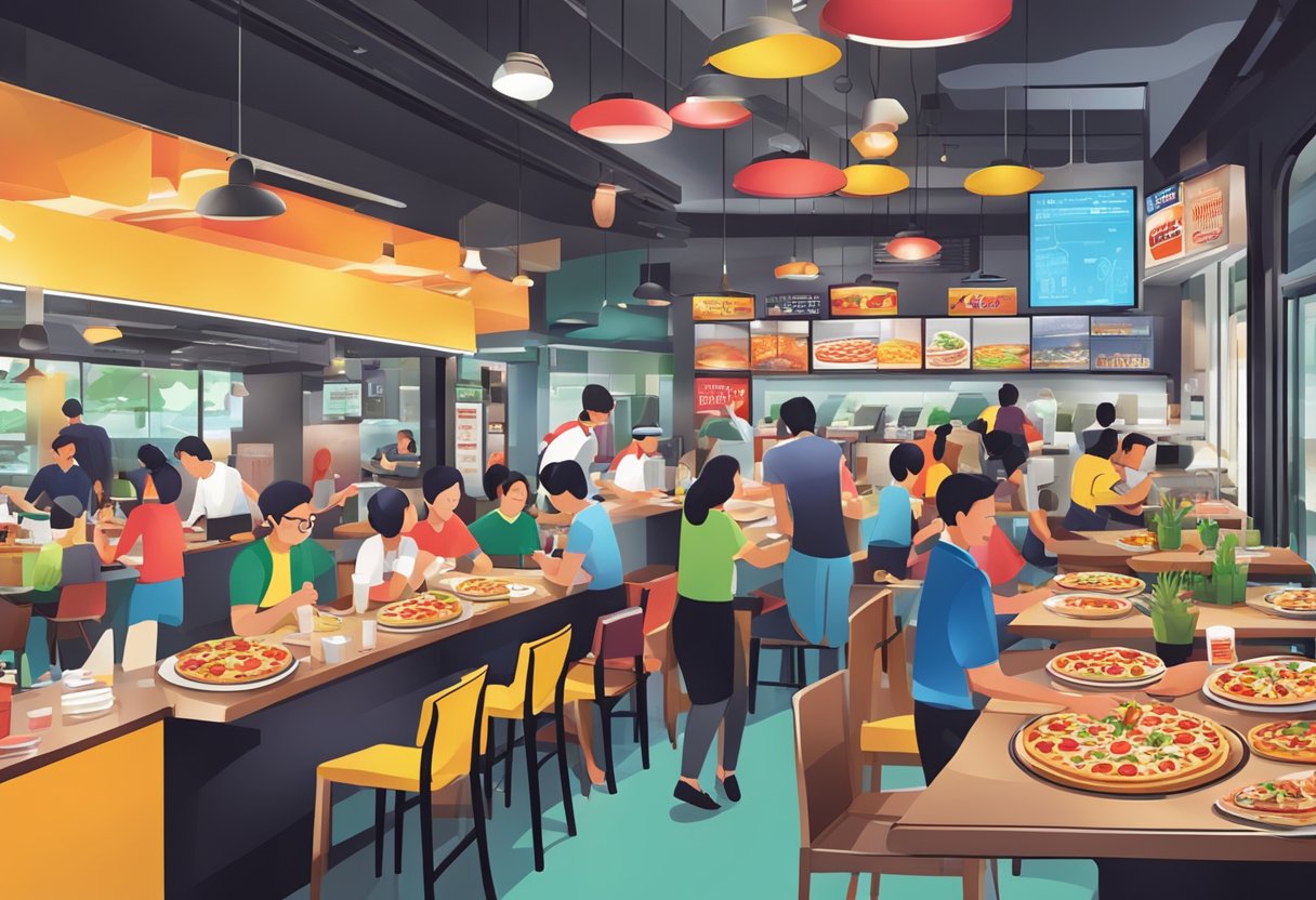 A bustling Pizza Hut in Singapore, with colorful signage and bustling customers enjoying their meals