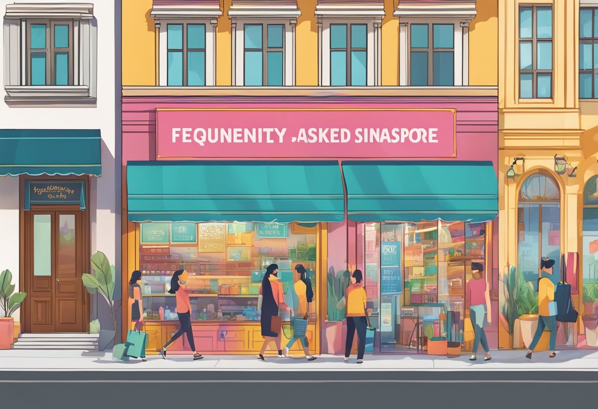 A bright and vibrant storefront with the words "Frequently Asked Questions alegria singapore" displayed prominently. The storefront is surrounded by a bustling cityscape with people walking by