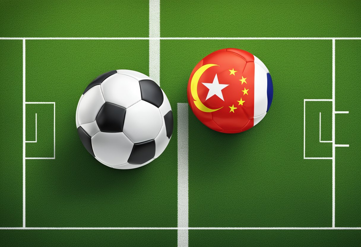 Two soccer balls representing China and Singapore facing off on a green field