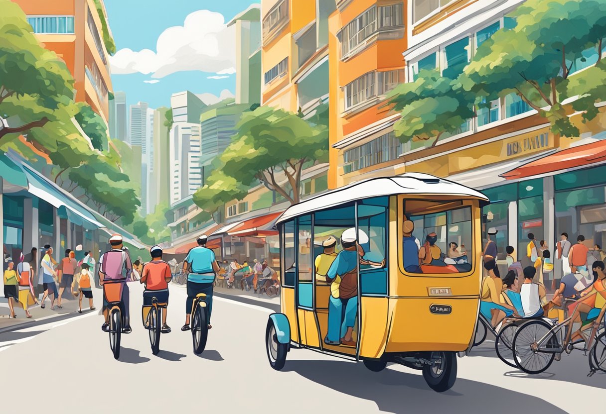 A bustling street in Singapore, with colorful shopfronts and bustling crowds. The iconic Marina Bay Sands hotel looms in the background, while a traditional trishaw passes by