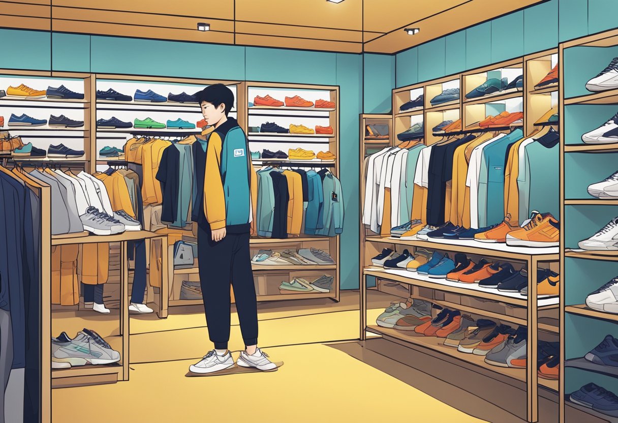 Brightly lit Onitsuka Tiger store with rows of shoes and clothing on display. Customers browsing and trying on products, staff assisting. Vibrant and modern atmosphere