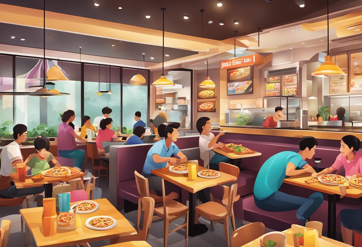 A bustling Pizza Hut restaurant in Singapore, with colorful decor, delicious pizzas on display, and happy customers enjoying their meals