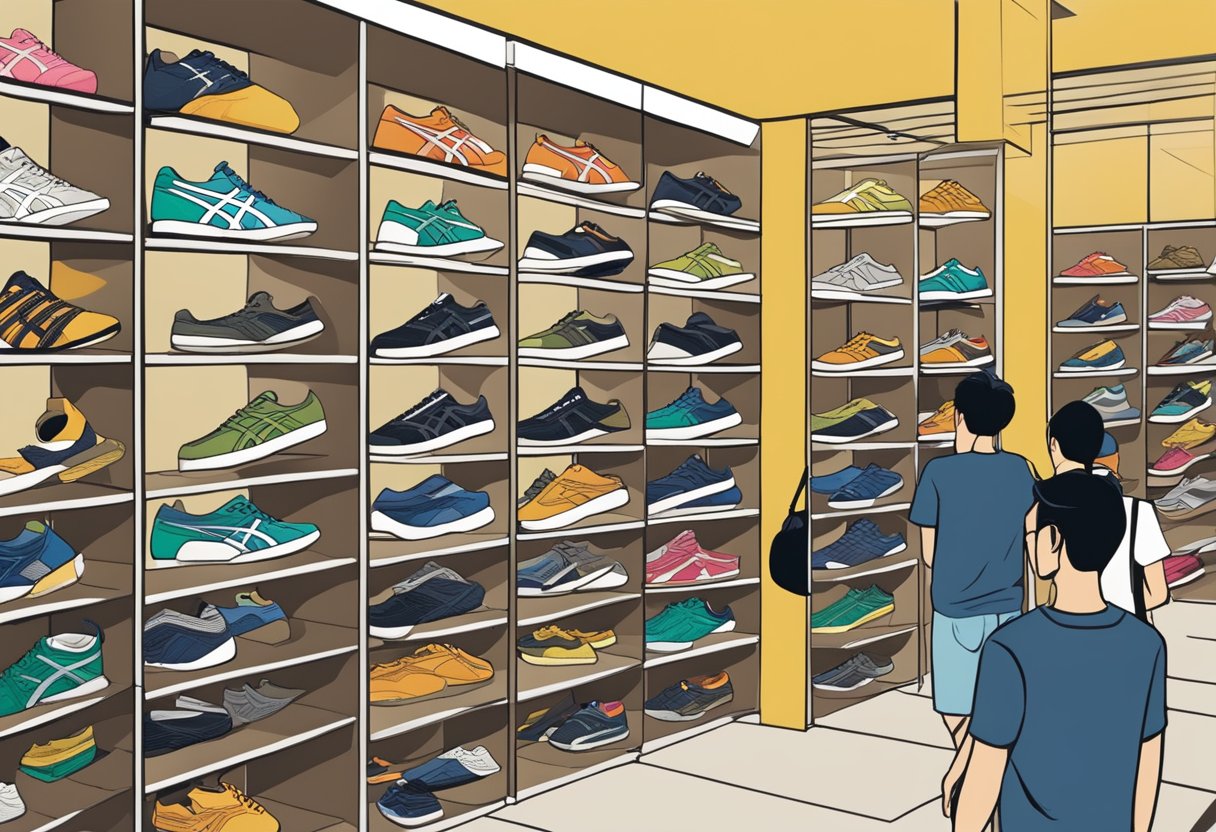 Customers browsing through shelves of Onitsuka Tiger shoes at the Singapore outlet