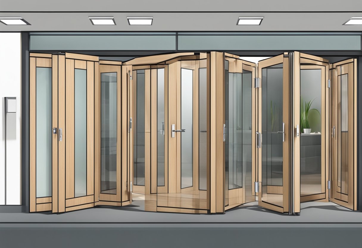 A variety of folding doors made from different materials, such as wood, glass, and metal, are displayed in a showroom
