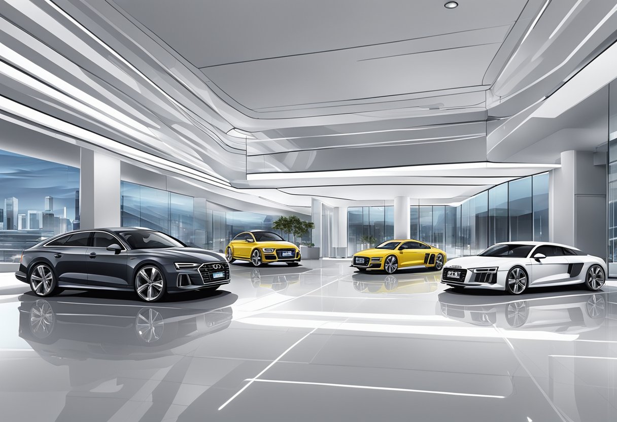 Audi showroom in Singapore with sleek cars on display. Bright lights and modern architecture create a luxurious atmosphere