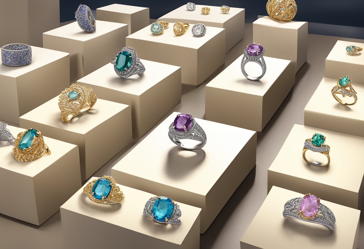 A collection of intricate jewelry pieces displayed in a well-lit showroom, showcasing the craftsmanship and attention to detail of Poh Heng Singapore