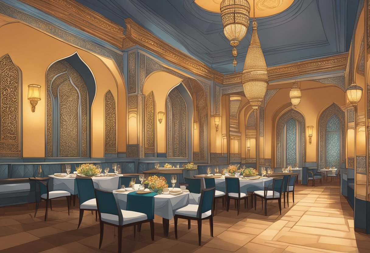 Tables set with elegant tableware, soft lighting, and intricate Indian decor. Patrons enjoying exquisite dishes in a sophisticated atmosphere