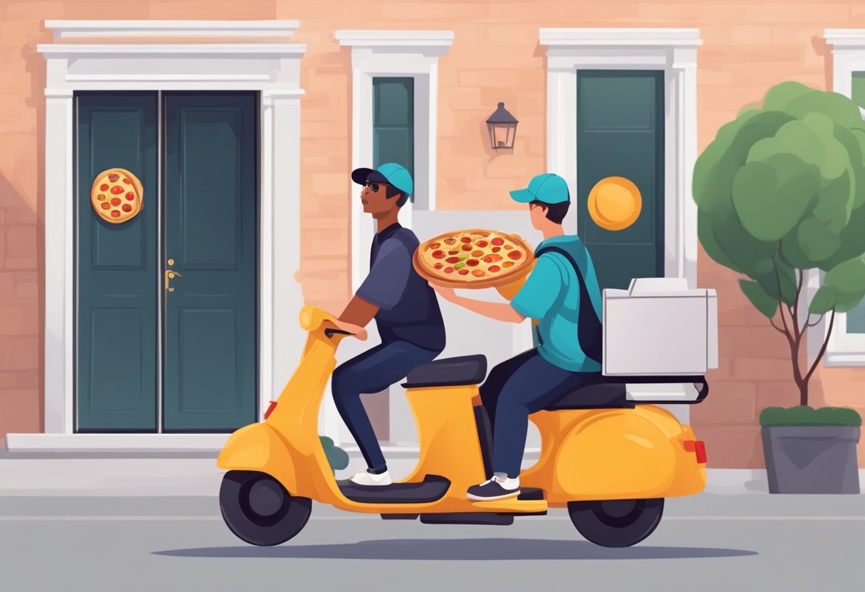 A customer places a pizza order online. A delivery person picks up the order and delivers it to the customer's doorstep