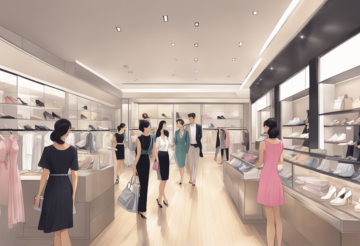 A bustling Wacoal Singapore store with elegant lingerie displays and attentive staff assisting customers