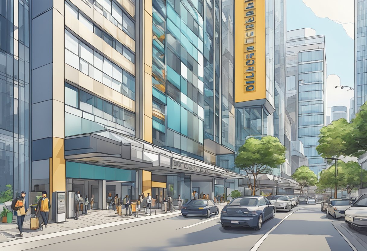 A bustling city street with a prominent sign reading "Frequently Asked Questions pelago singapore" above a modern office building