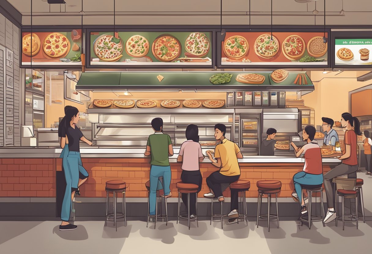 A busy pizzahut Singapore outlet with customers ordering, staff preparing pizzas, and a prominent "Frequently Asked Questions" sign displayed