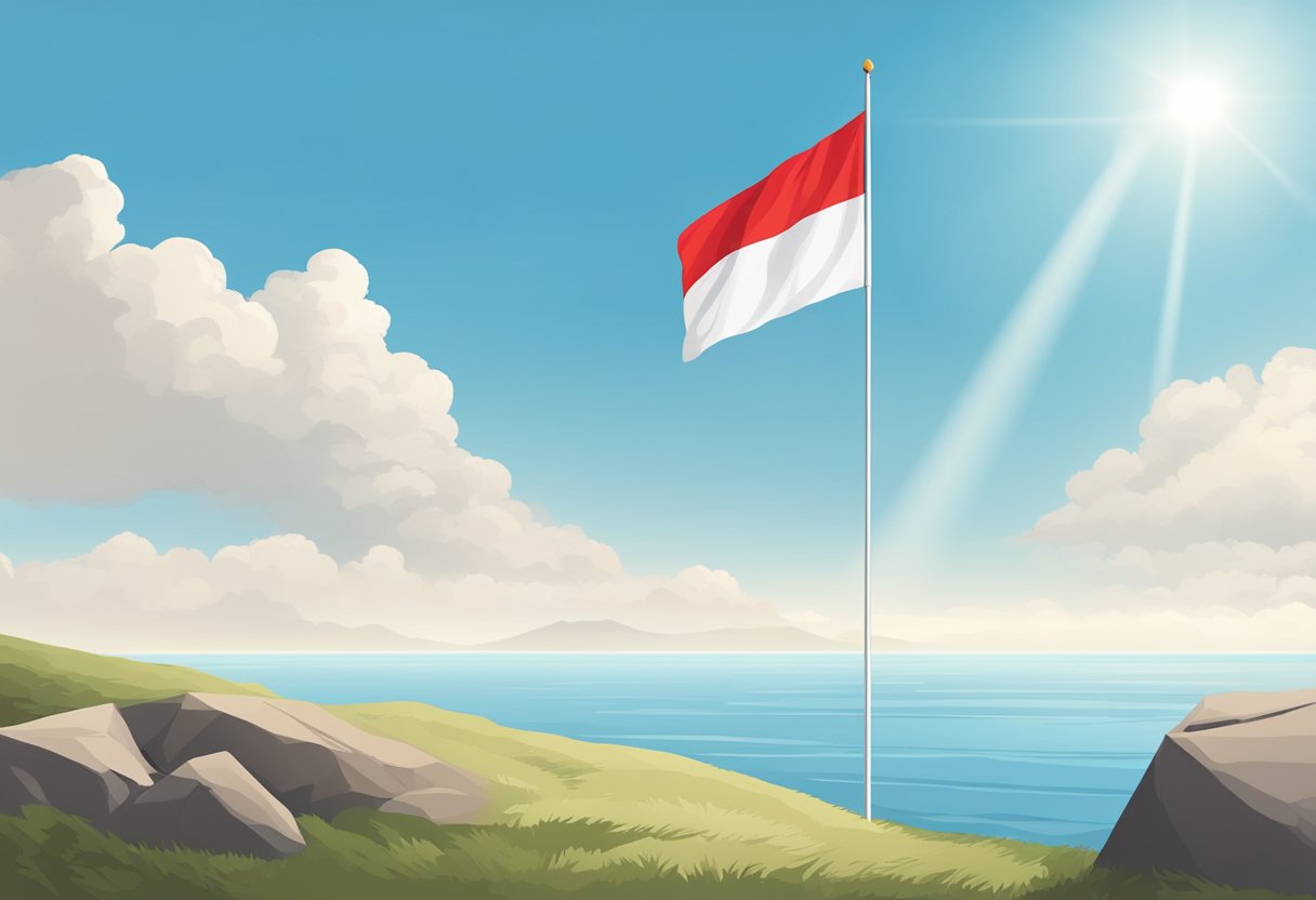 A bright red and white mayday distress signal flag waving against a clear blue sky