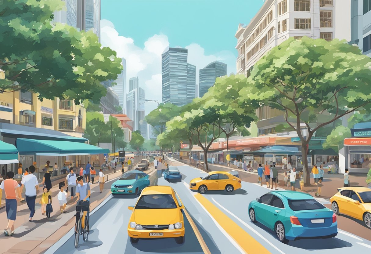 A busy street in front of People's Park Complex, Singapore, with cars and pedestrians
