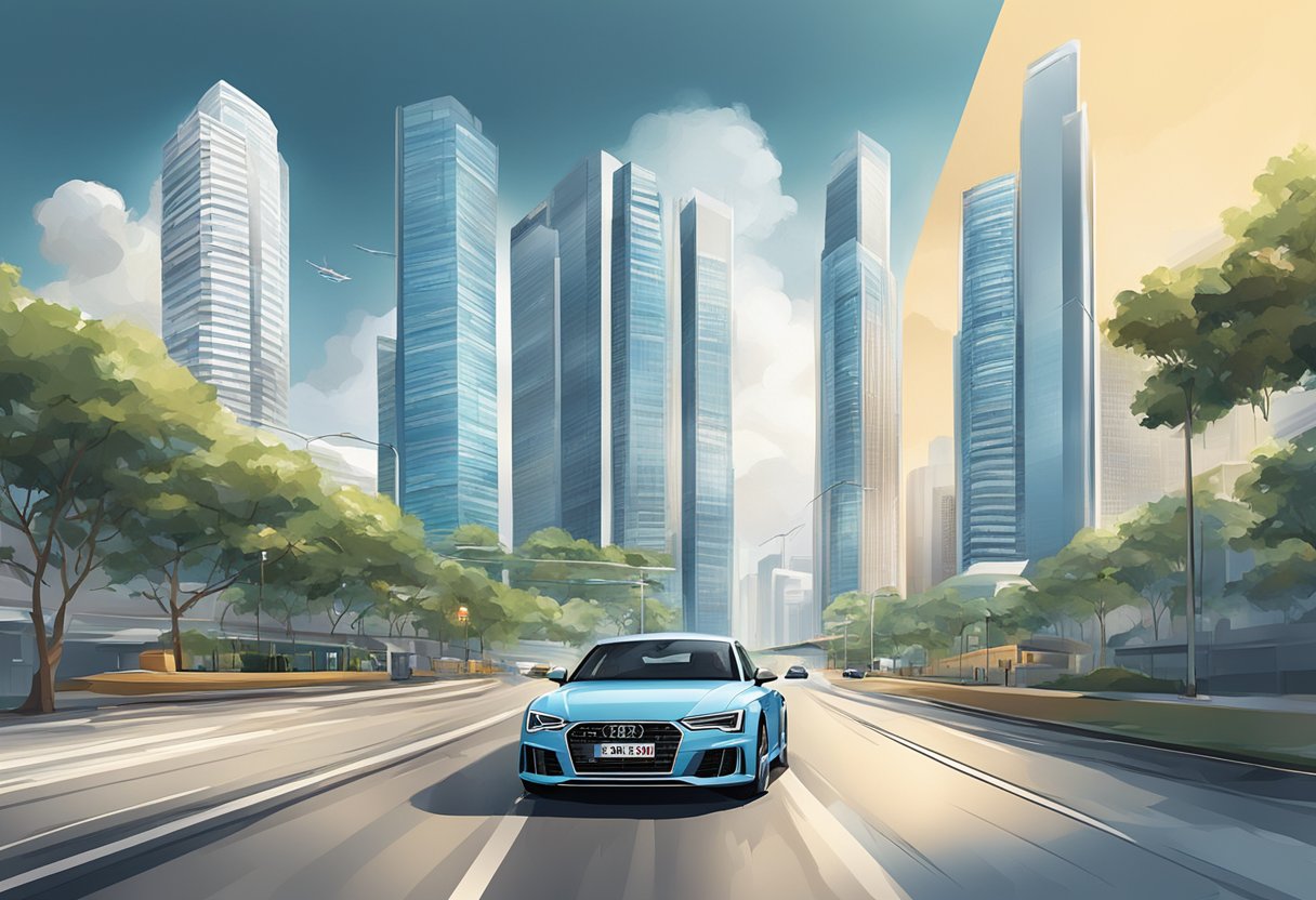 Audi cars driving through Singapore's urban streets, passing iconic landmarks and modern architecture