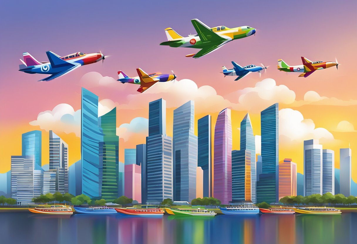 Brightly colored planes flying in formation over the Singapore skyline during the Mayday event