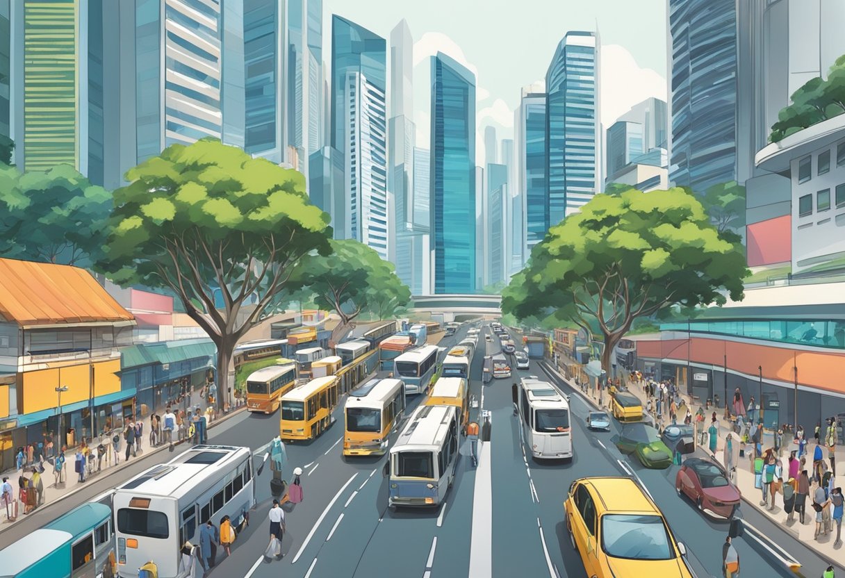 Busy streets and towering skyscrapers fill the city skyline of Singapore. Traffic flows and people bustle through the urban landscape