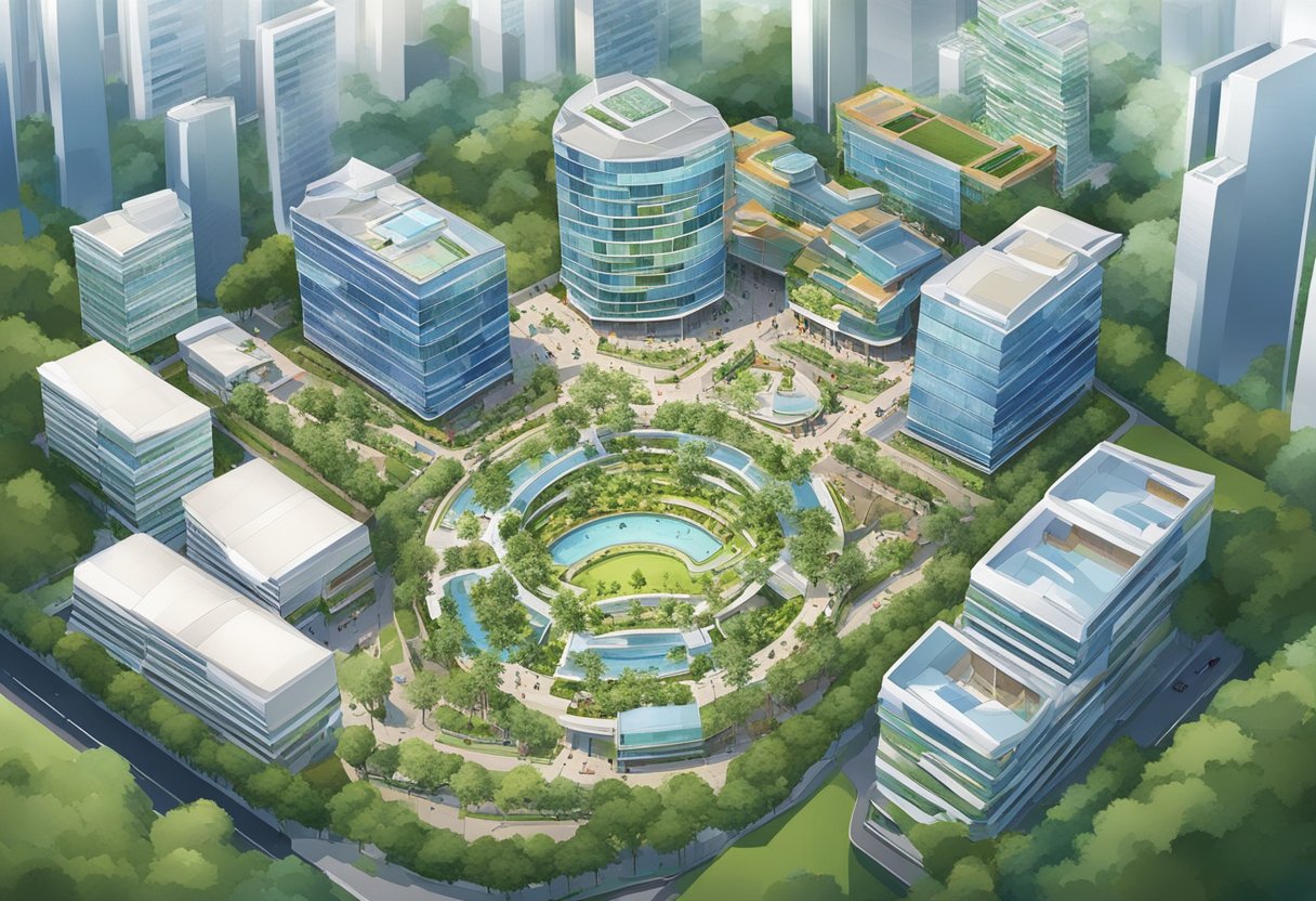 An aerial view of People's Park Complex in Singapore, capturing the unique architectural design and bustling activity below