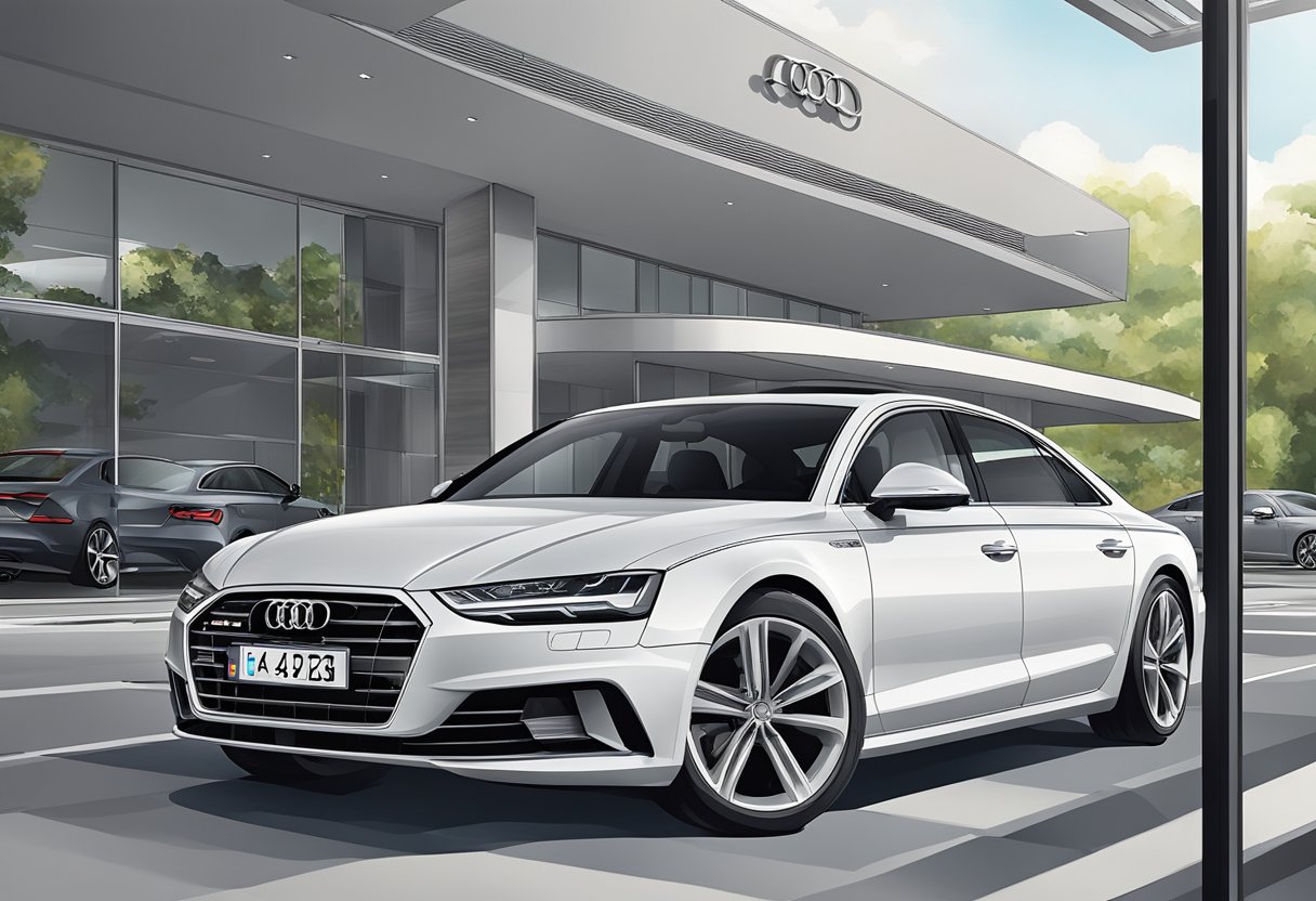 Luxury car parked in front of Audi Singapore dealership, with valet service and exclusive perks displayed