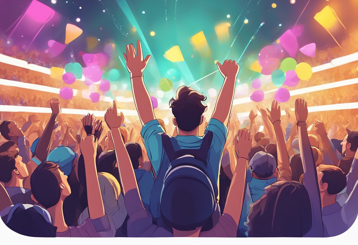 Fans gather around a stage, waving light sticks and cheering. The band members are interacting with the crowd, smiling and singing. The atmosphere is energetic and joyful