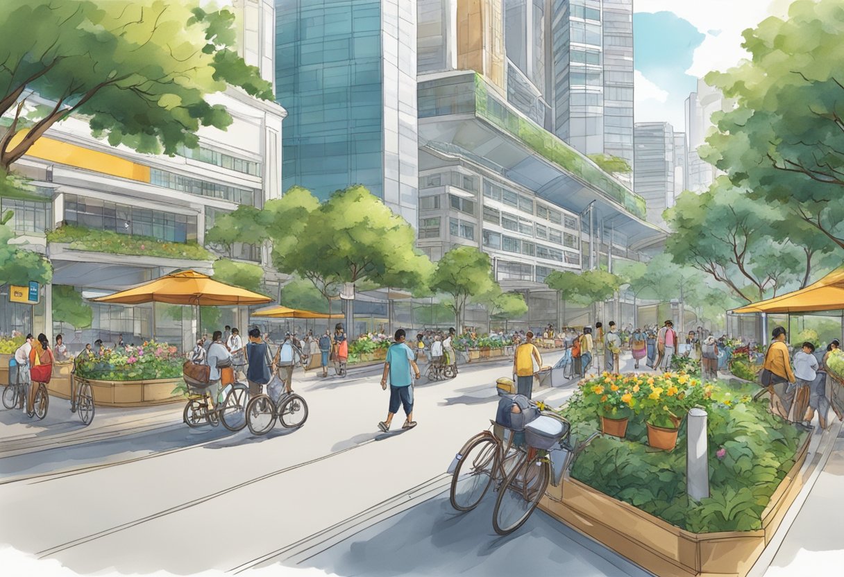 A bustling street in Singapore's People's Park Complex, with the address "1 Park Rd" prominently displayed