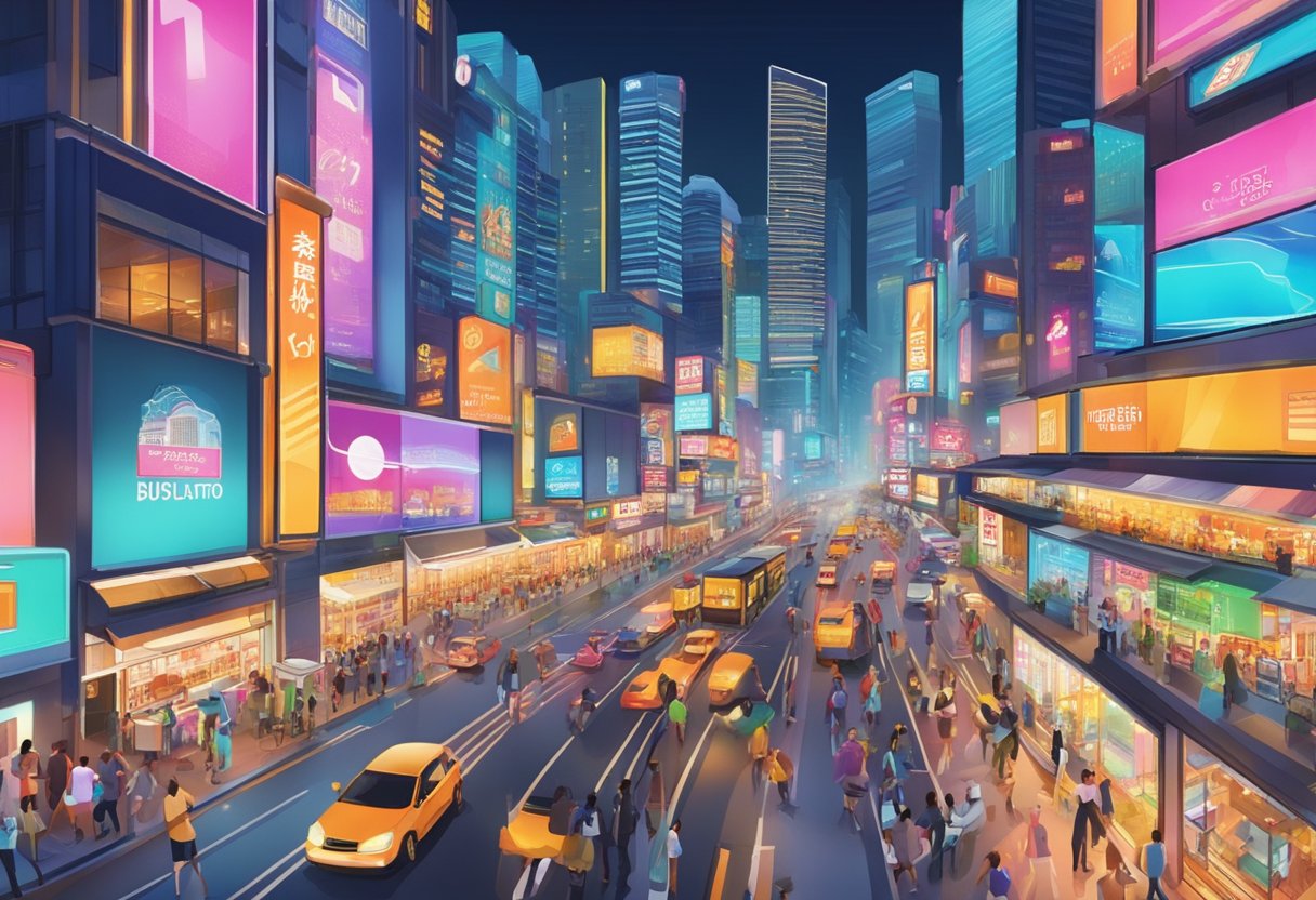 People bustling through bustling streets, neon lights reflecting off skyscrapers, and vibrant signs advertising shops and restaurants in Action City, Singapore