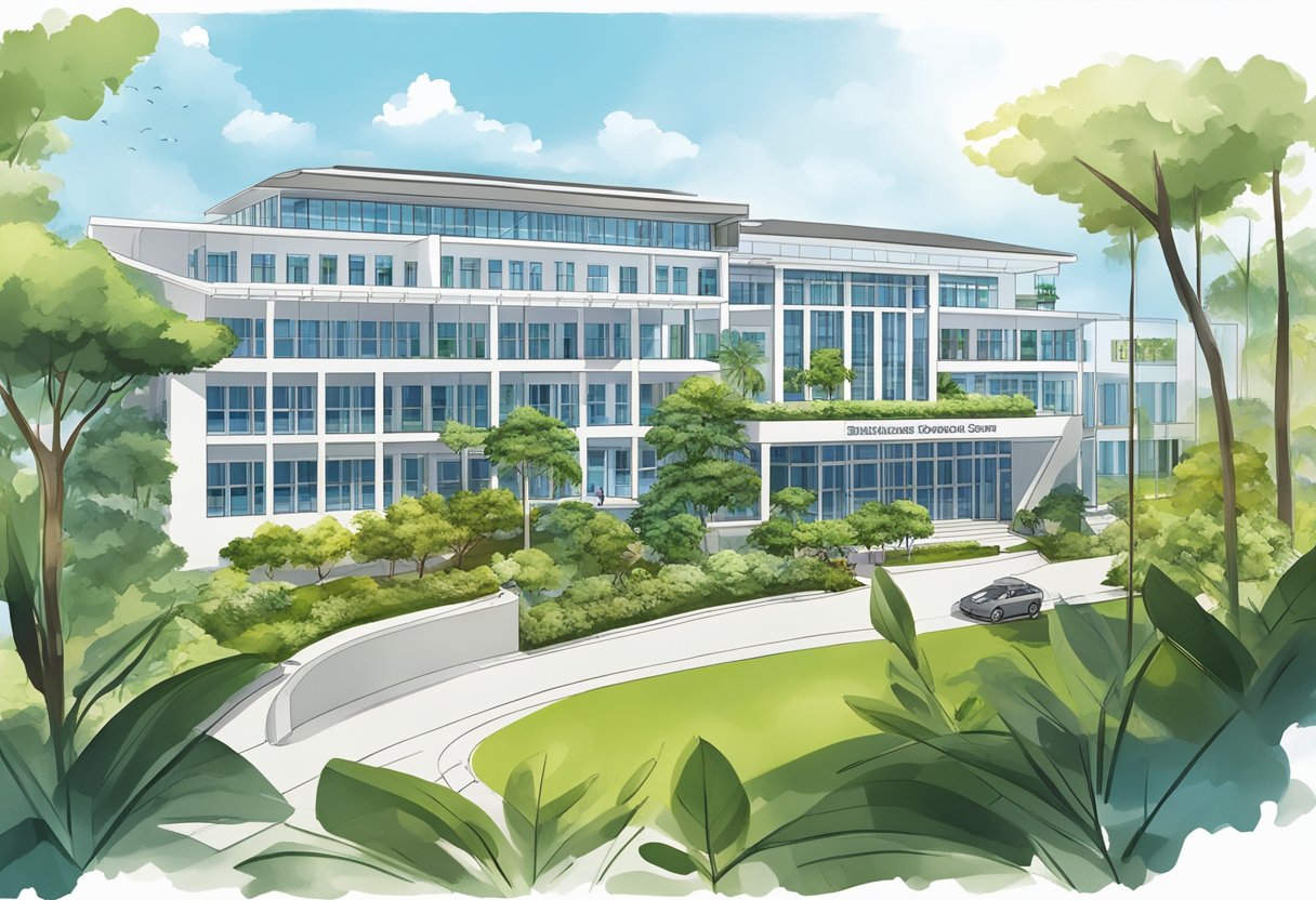 The German European School in Singapore, with modern architecture and lush greenery, stands proudly against a clear blue sky