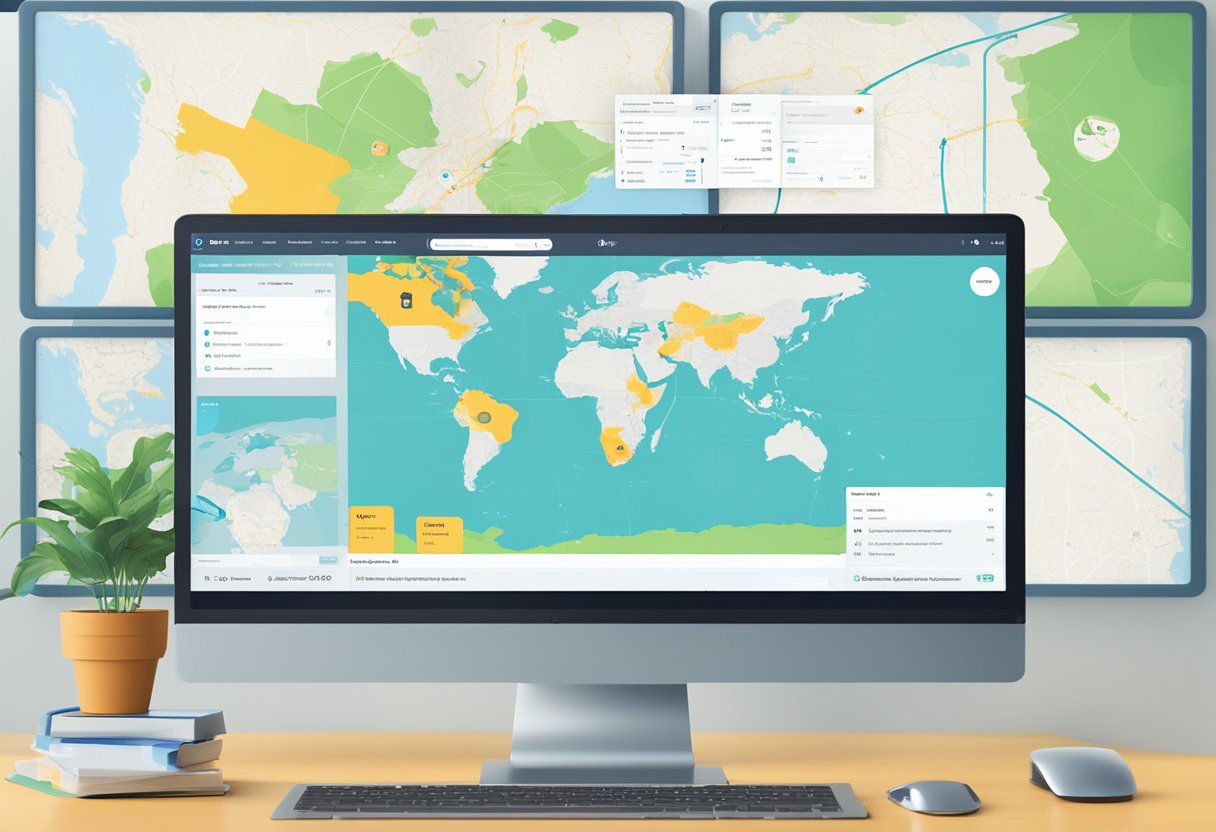 A computer screen displaying a digital freight forwarding platform with a map, shipment details, and real-time tracking information
