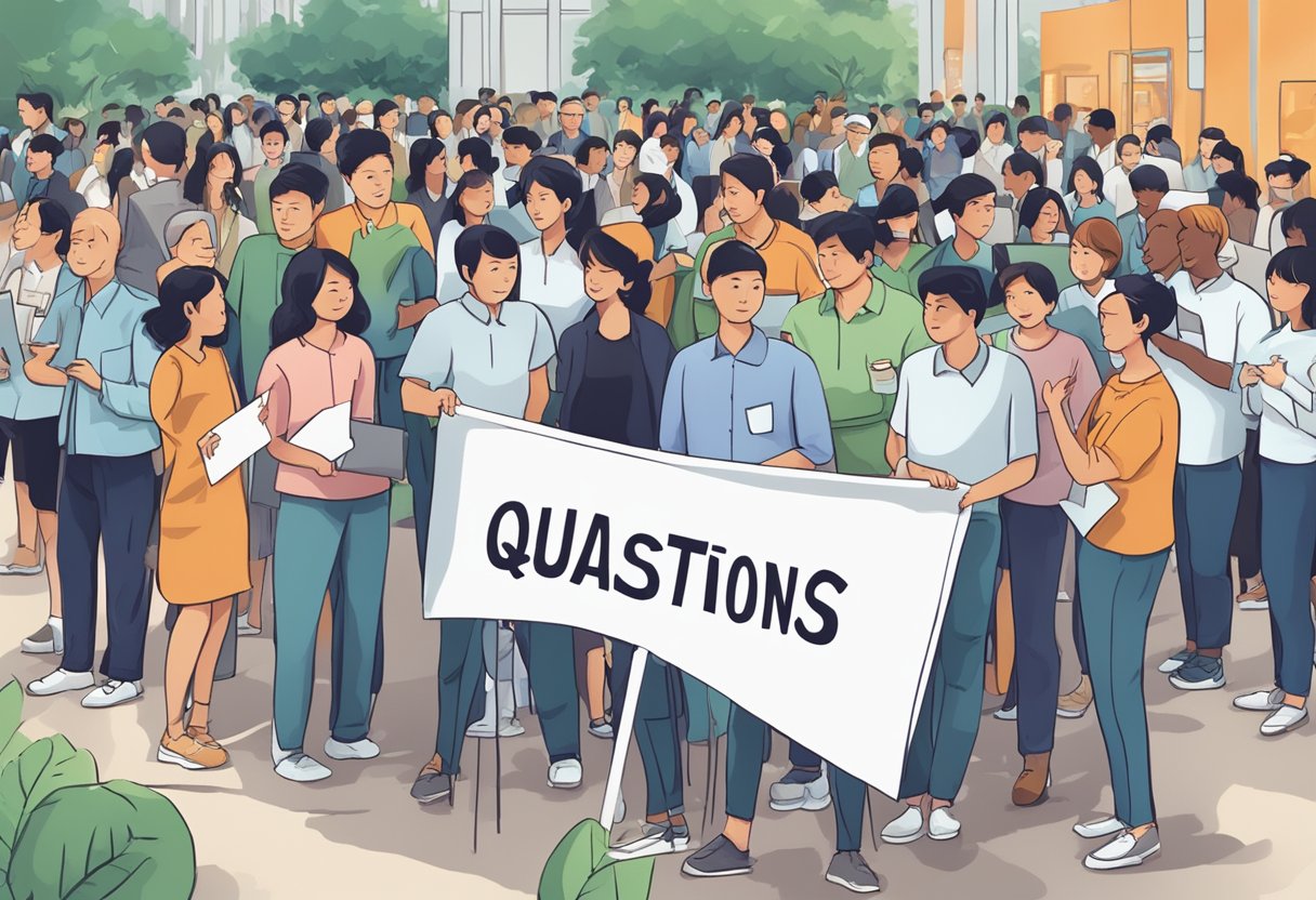 A group of people gathered around a sign reading "Frequently Asked Questions" at a Mayday event in Singapore