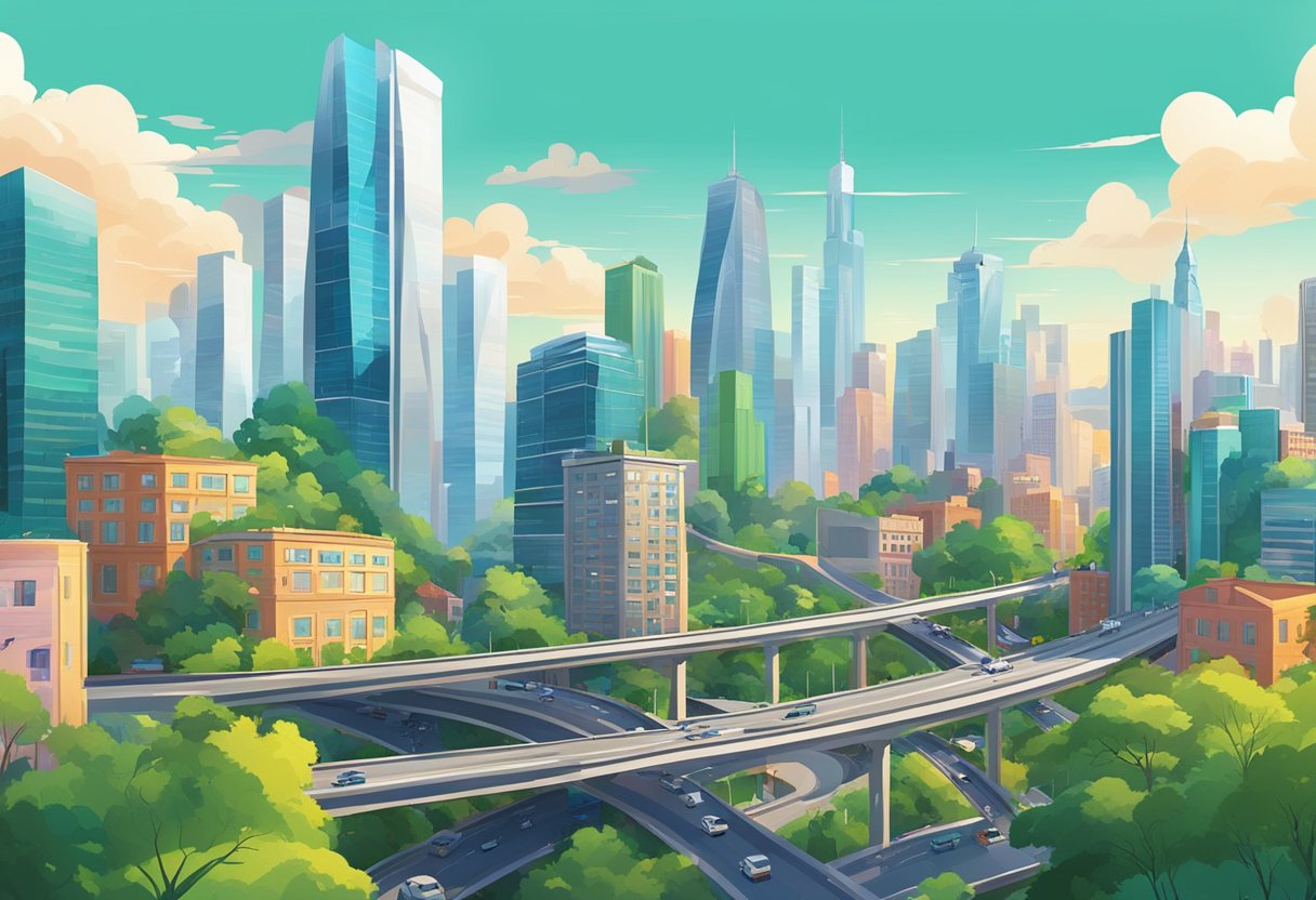 A bustling cityscape with modern skyscrapers, lush greenery, and a network of roads and bridges, all set against a bright and colorful skyline