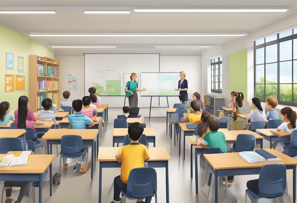 A bustling classroom at the German European School in Singapore, with students engaged in various academic programmes