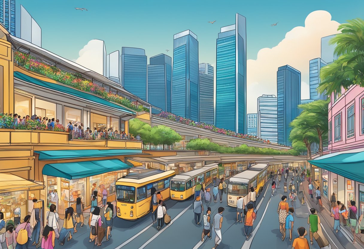 A bustling street in Singapore, with colorful shopfronts and bustling crowds. The iconic Marina Bay Sands can be seen in the distance, towering over the city skyline