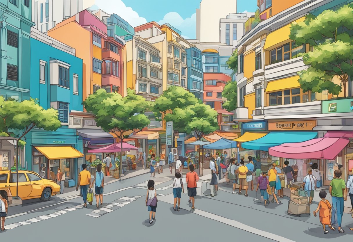 A bustling street scene with colorful storefronts and people walking by in front of the "Frequently Asked Questions 1 park rd people's park complex singapore 059108" sign