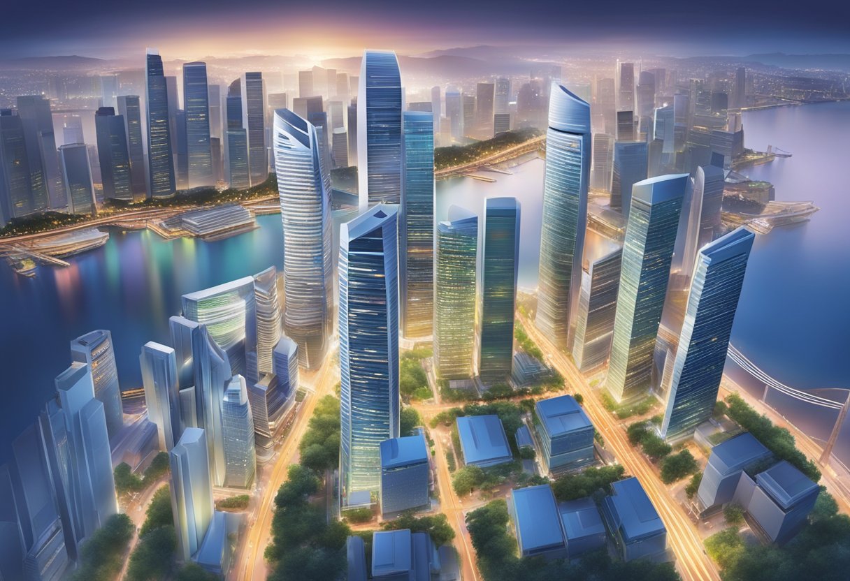 A bustling cityscape with skyscrapers, bustling streets, and vibrant lights, capturing the energy and dynamism of Singapore's urban landscape