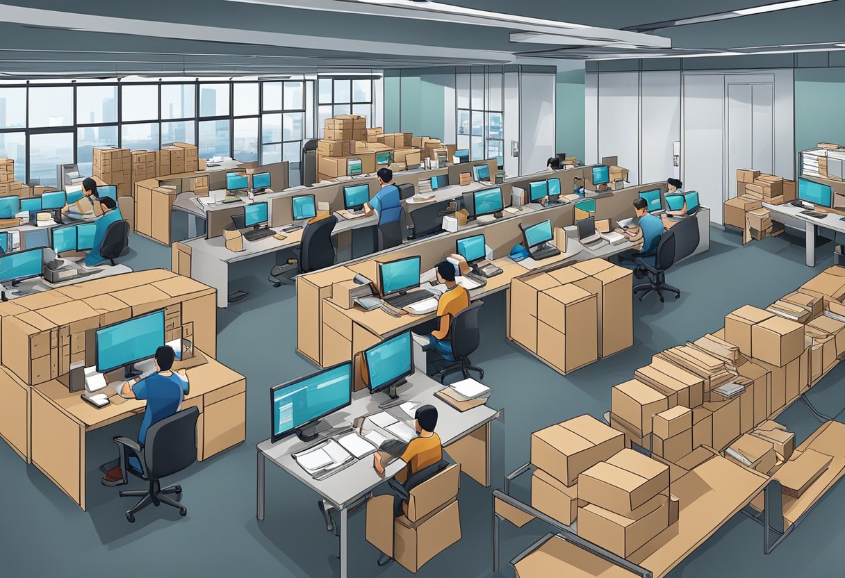 A busy freight forwarder office in Singapore, with employees assisting clients, organizing shipments, and answering frequently asked questions