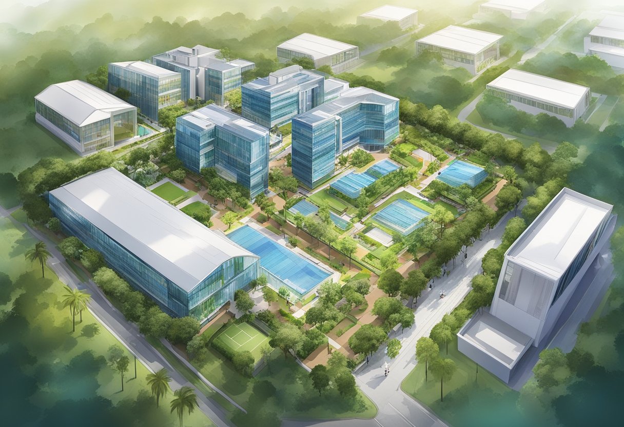 The campus of German European School Singapore features modern buildings surrounded by lush greenery, with state-of-the-art facilities and a vibrant atmosphere