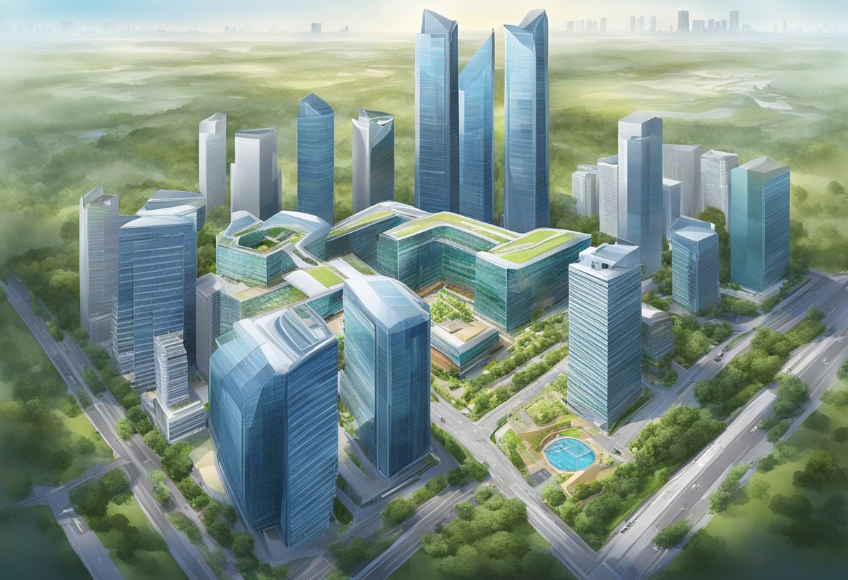 Aerial view of DSM Singapore building with surrounding landscape and cityscape in the background
