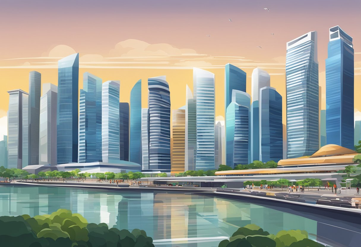 A bustling cityscape with modern buildings and bustling streets, showcasing the energy and vibrancy of Singapore's business district