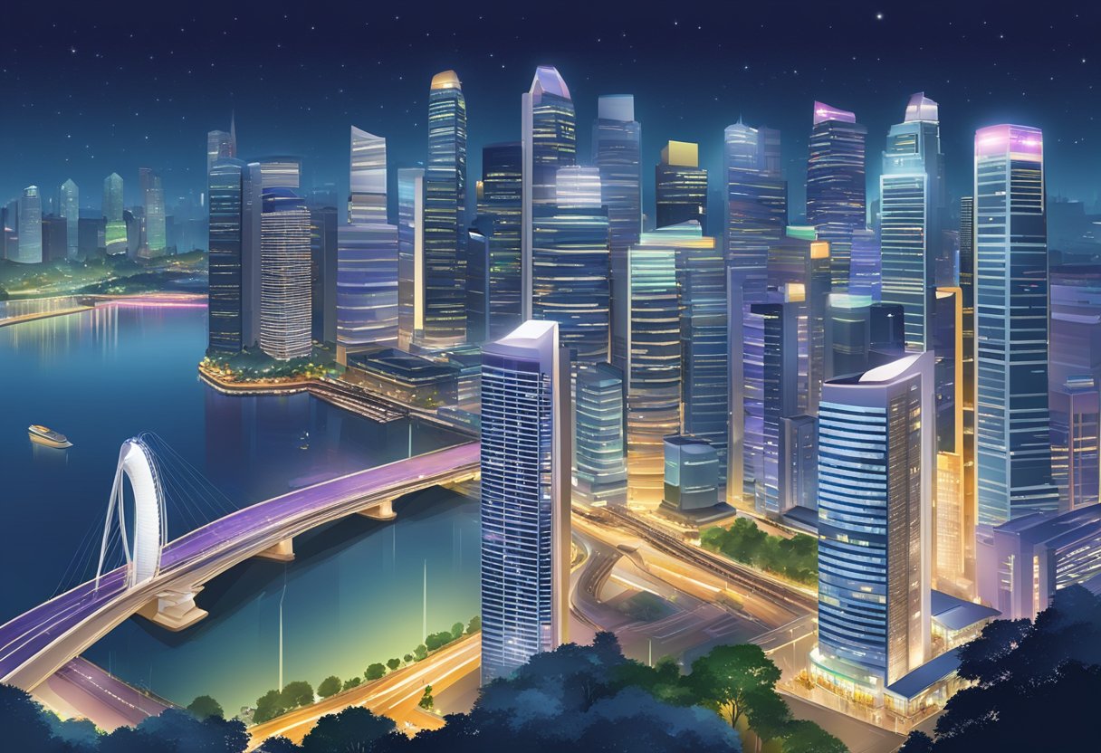 The bustling metropolis of Singapore, with towering skyscrapers, bustling streets, and vibrant city lights illuminating the night sky