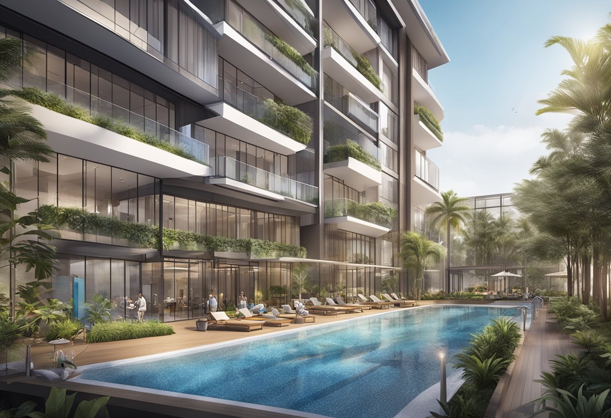 The scene features modern facilities and amenities at BFT Singapore, including a gym, swimming pool, and spacious communal areas