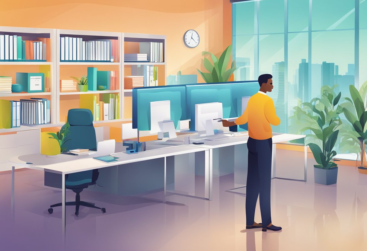 A colorful, modern office setting with a customer service representative assisting a client with a smile