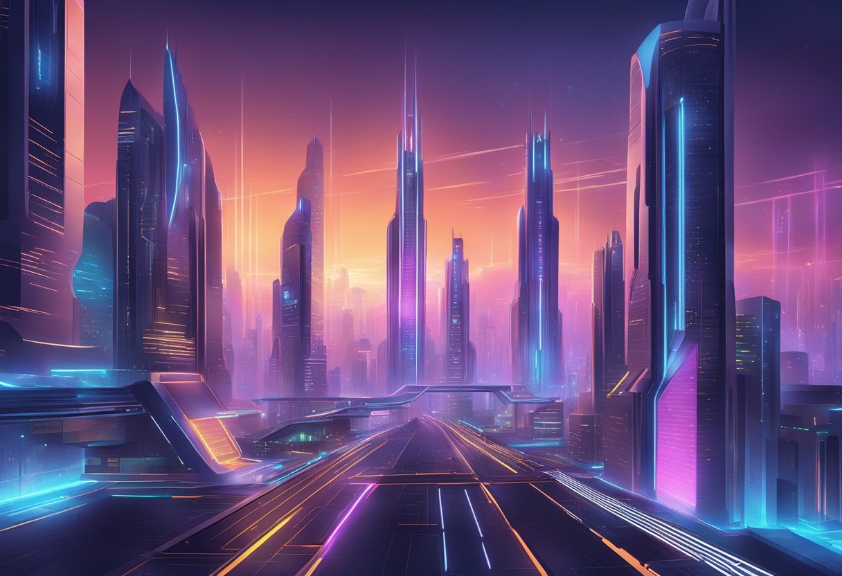A futuristic cityscape with sleek skyscrapers, glowing neon lights, and advanced security systems integrated into the architecture