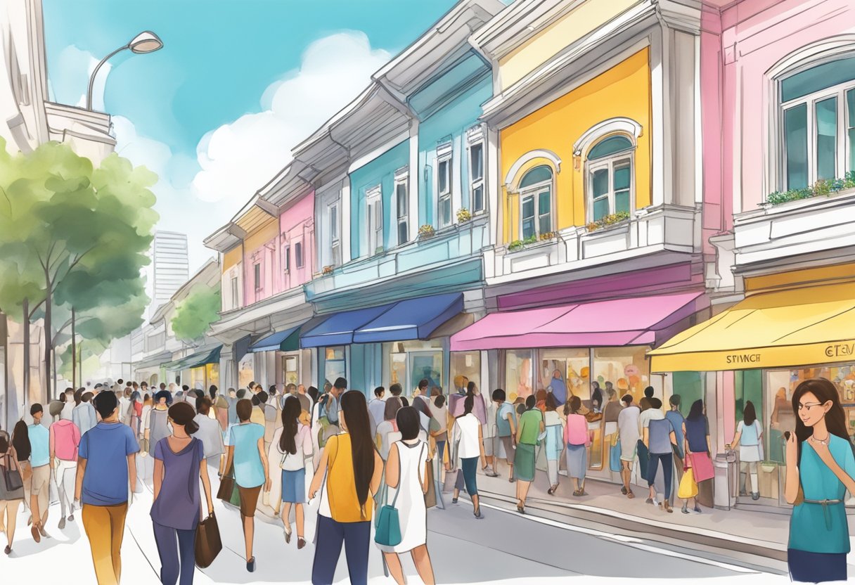 A bustling street in Singapore, with colorful storefronts and bustling crowds, showcasing the Monica Vinader jewelry store